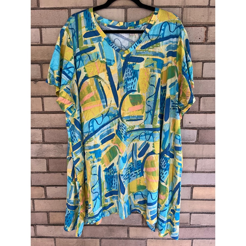 LOGO Lori Goldstein Blue Yellow Print V-Neck Sharkbite Tunic Top Pocket Size 3X